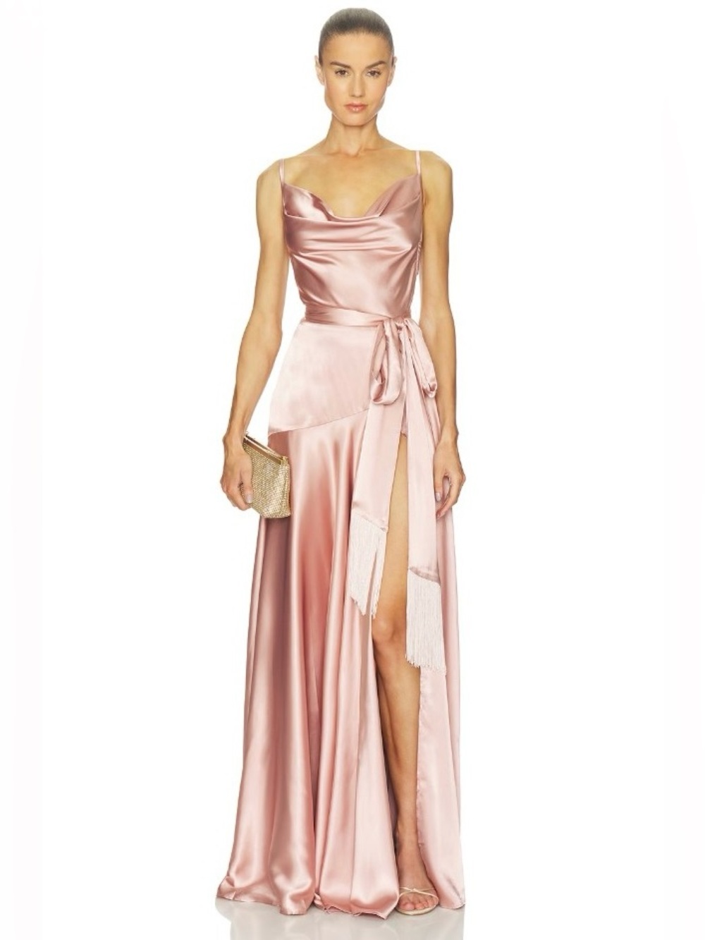Bronx & Banco LEO Pink Satin HighSlit Tassel Embellished SlipGown Dress XS NWOT